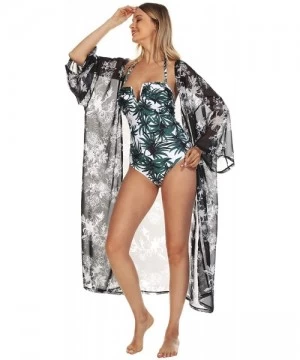 Cover-Ups Women's Kimono Beach Cover Up Chiffon Cardigan Floral Tops Loose Capes - Black-white Flower - CG1947MW6WU