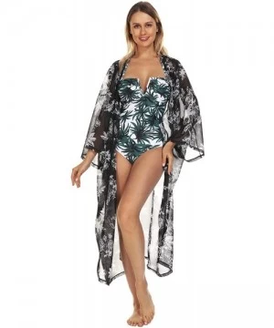 Cover-Ups Women's Kimono Beach Cover Up Chiffon Cardigan Floral Tops Loose Capes - Black-white Flower - CG1947MW6WU