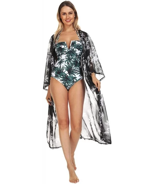 Cover-Ups Women's Kimono Beach Cover Up Chiffon Cardigan Floral Tops Loose Capes - Black-white Flower - CG1947MW6WU