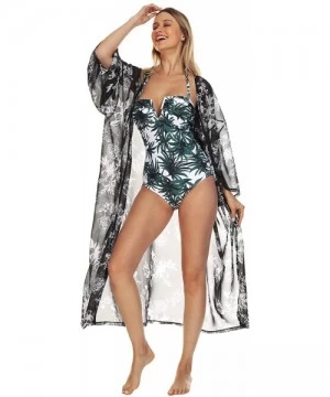 Cover-Ups Women's Kimono Beach Cover Up Chiffon Cardigan Floral Tops Loose Capes - Black-white Flower - CG1947MW6WU