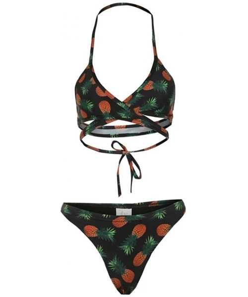 Sets Bikini Set 2018! Women Sexy Pineapple Print Bandage Criss Cross 2 Piece Swimsuit Push-up Bathing Suit - Black - CU18E7INNHG