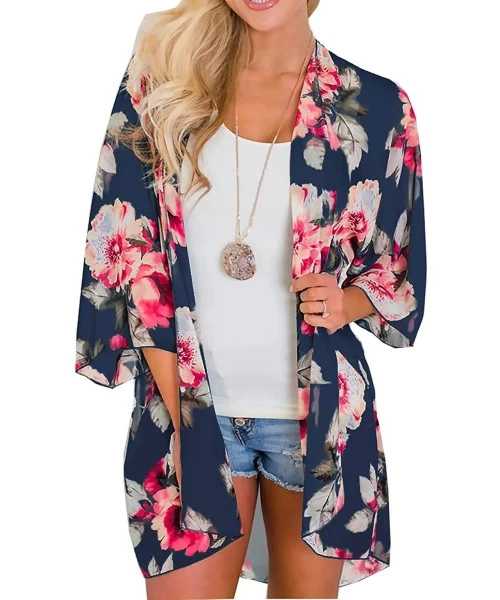 Cover-Ups Womens Sheer Chiffon Kimono Cardigans Floral Summer Beach Swimsuit Cover Ups - 8 Dark Blue - CO193HQTEYZ