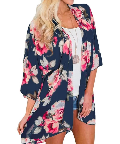 Cover-Ups Womens Sheer Chiffon Kimono Cardigans Floral Summer Beach Swimsuit Cover Ups - 8 Dark Blue - CO193HQTEYZ