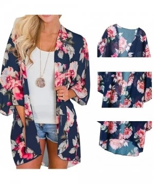 Cover-Ups Womens Sheer Chiffon Kimono Cardigans Floral Summer Beach Swimsuit Cover Ups - 8 Dark Blue - CO193HQTEYZ