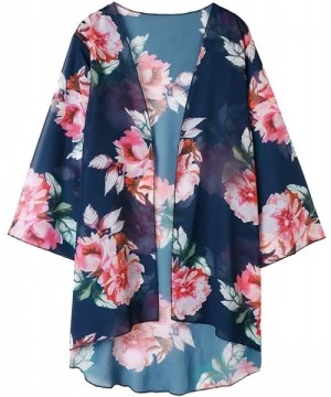 Cover-Ups Womens Sheer Chiffon Kimono Cardigans Floral Summer Beach Swimsuit Cover Ups - 8 Dark Blue - CO193HQTEYZ