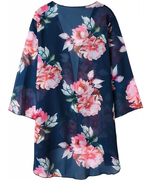 Cover-Ups Womens Sheer Chiffon Kimono Cardigans Floral Summer Beach Swimsuit Cover Ups - 8 Dark Blue - CO193HQTEYZ