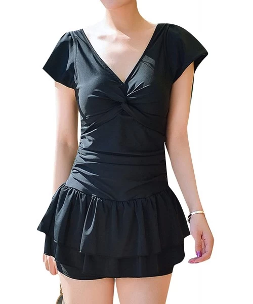 One-Pieces Women's Short Sleeve Swimsuit One Piece Swimming Costume Tummy Control Swimwear with Ruffle Skirt - Black - CE18EM...