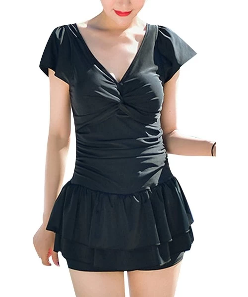 One-Pieces Women's Short Sleeve Swimsuit One Piece Swimming Costume Tummy Control Swimwear with Ruffle Skirt - Black - CE18EM...