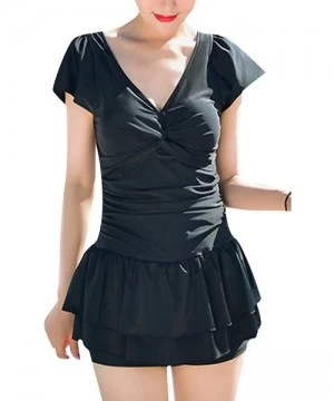 One-Pieces Women's Short Sleeve Swimsuit One Piece Swimming Costume Tummy Control Swimwear with Ruffle Skirt - Black - CE18EM...