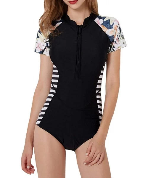 One-Pieces Women's Rashguard Long Sleeve Zip Swimsuit Print Surfing one Piece Swimwear - S-stripe - C8192ZSXGZQ