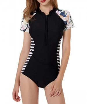 One-Pieces Women's Rashguard Long Sleeve Zip Swimsuit Print Surfing one Piece Swimwear - S-stripe - C8192ZSXGZQ