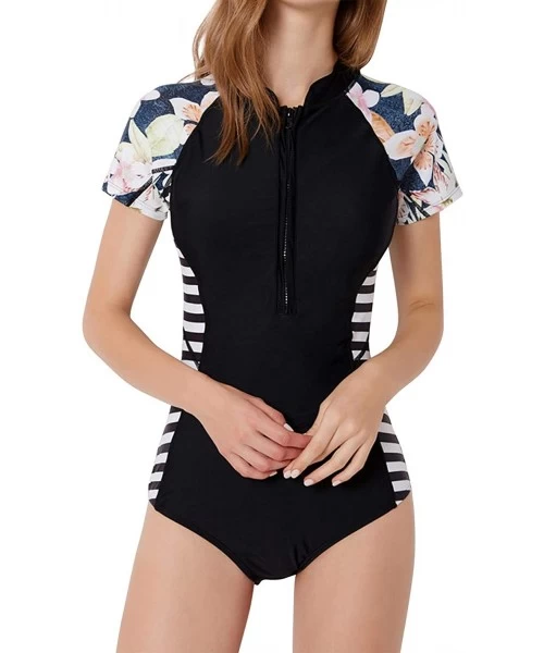 One-Pieces Women's Rashguard Long Sleeve Zip Swimsuit Print Surfing one Piece Swimwear - S-stripe - C8192ZSXGZQ