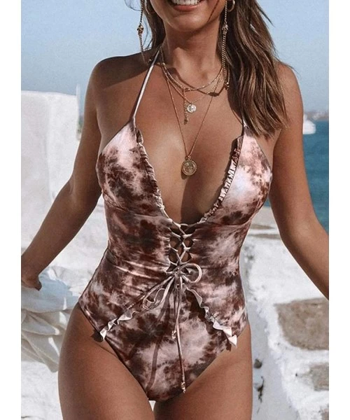 One-Pieces Women Floral Print Padded Criss Cross Back Strappy One Piece Swimsuits Tummy Control Swimsuit - Multicolor E - C51...