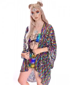 Cover-Ups Rainbow Disco Sequin Kimono- Polychromatic Festival Fashion Shawl for Rave- Club- Beach & Swimwear - C418NNG6K5X