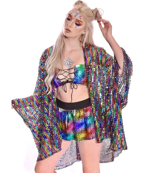 Cover-Ups Rainbow Disco Sequin Kimono- Polychromatic Festival Fashion Shawl for Rave- Club- Beach & Swimwear - C418NNG6K5X