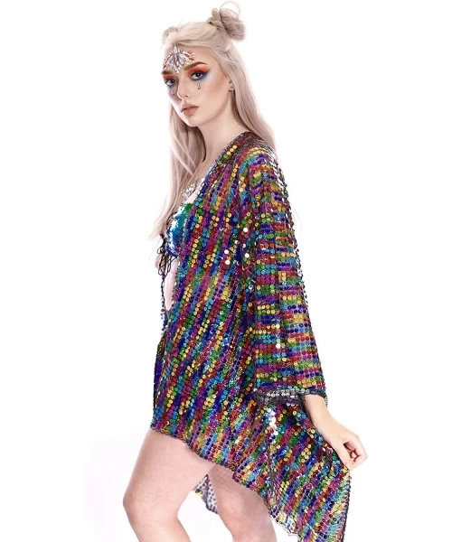 Cover-Ups Rainbow Disco Sequin Kimono- Polychromatic Festival Fashion Shawl for Rave- Club- Beach & Swimwear - C418NNG6K5X