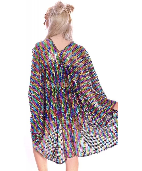 Cover-Ups Rainbow Disco Sequin Kimono- Polychromatic Festival Fashion Shawl for Rave- Club- Beach & Swimwear - C418NNG6K5X