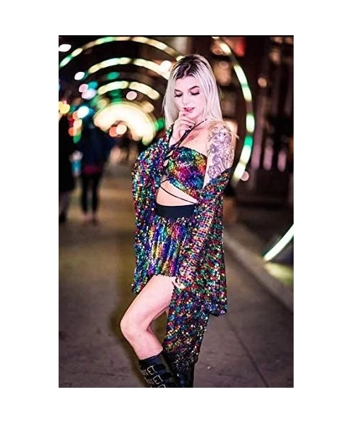 Cover-Ups Rainbow Disco Sequin Kimono- Polychromatic Festival Fashion Shawl for Rave- Club- Beach & Swimwear - C418NNG6K5X