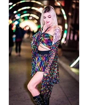 Cover-Ups Rainbow Disco Sequin Kimono- Polychromatic Festival Fashion Shawl for Rave- Club- Beach & Swimwear - C418NNG6K5X