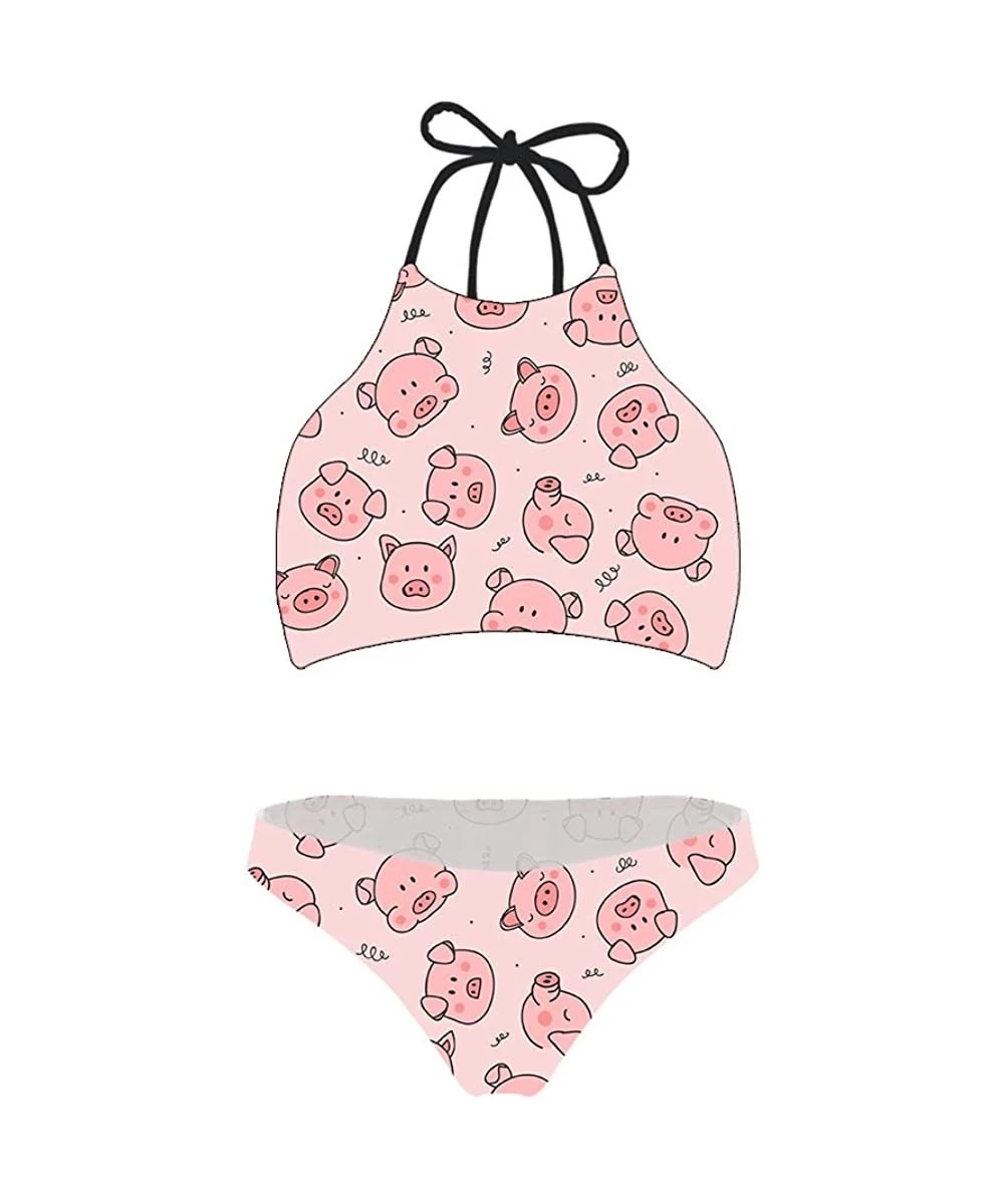 Sets Fashion Printing High Neck Halter Bikini Swimsuit for Women Girls Mesh Lining Quick Dry - Pig - CI1968447SN