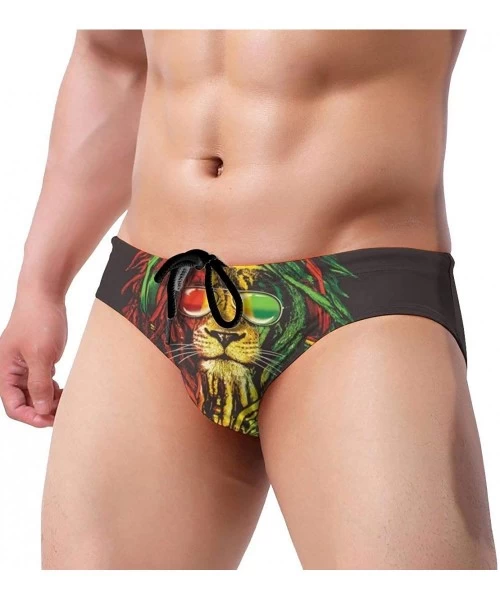 Briefs Men Boys Tie Rope Swim Briefs Triangle Bikini Swimwear - Rasta Lion King With Sunglasses - CA1976TR05N