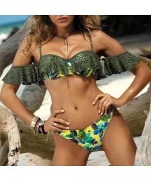 Sets Sexy Ruffle Bikini Top Bandeau Strapless Push Up Bandage Swimsuit Padded Tempt Me Swimwear - Army Green - CK18SOM9287