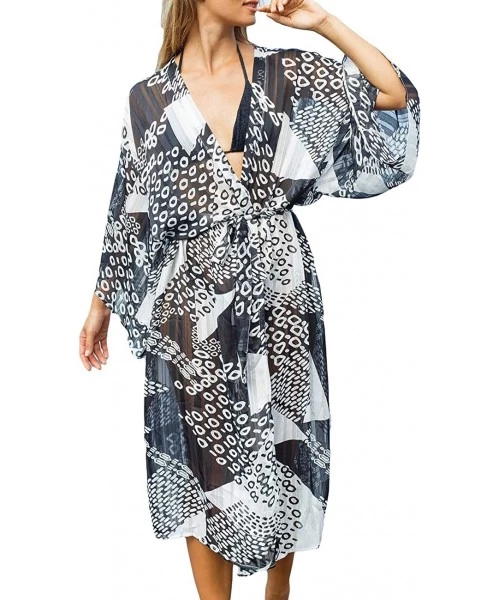 Cover-Ups Casual Beach Cover Up for Women Print Bikini Kimono Cardigan Swimwear - A-geometric Print - CT198KWX8ES