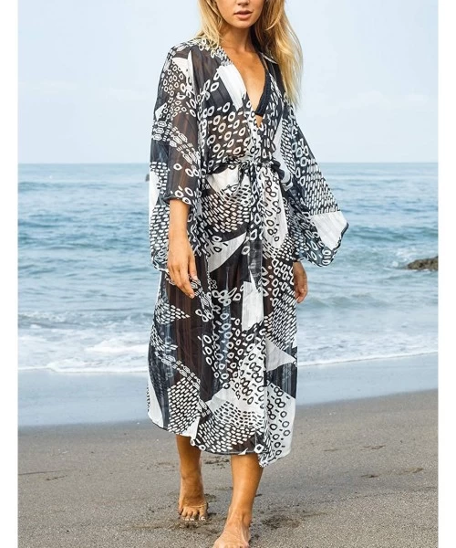 Cover-Ups Casual Beach Cover Up for Women Print Bikini Kimono Cardigan Swimwear - A-geometric Print - CT198KWX8ES