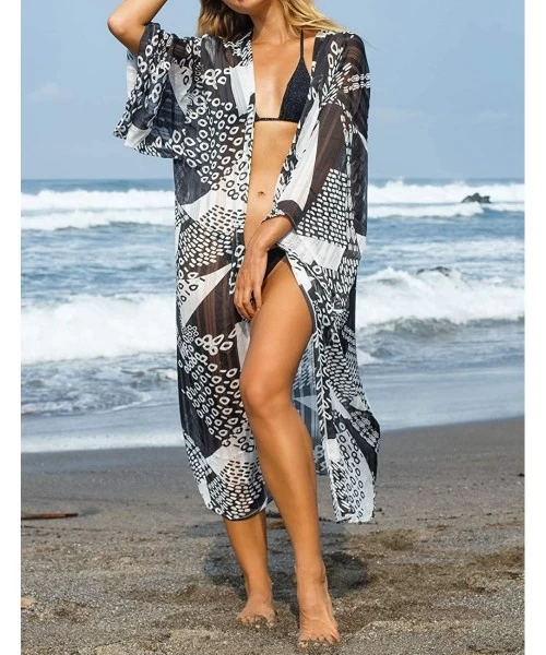 Cover-Ups Casual Beach Cover Up for Women Print Bikini Kimono Cardigan Swimwear - A-geometric Print - CT198KWX8ES