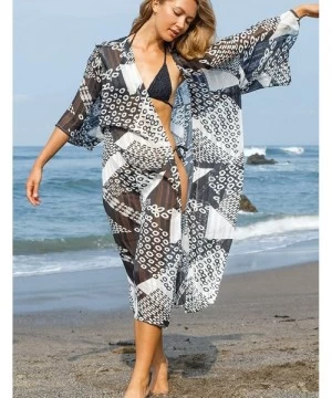 Cover-Ups Casual Beach Cover Up for Women Print Bikini Kimono Cardigan Swimwear - A-geometric Print - CT198KWX8ES