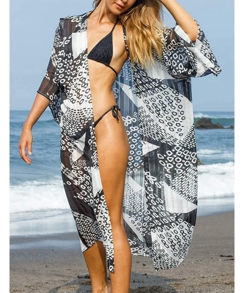 Cover-Ups Casual Beach Cover Up for Women Print Bikini Kimono Cardigan Swimwear - A-geometric Print - CT198KWX8ES