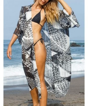 Cover-Ups Casual Beach Cover Up for Women Print Bikini Kimono Cardigan Swimwear - A-geometric Print - CT198KWX8ES