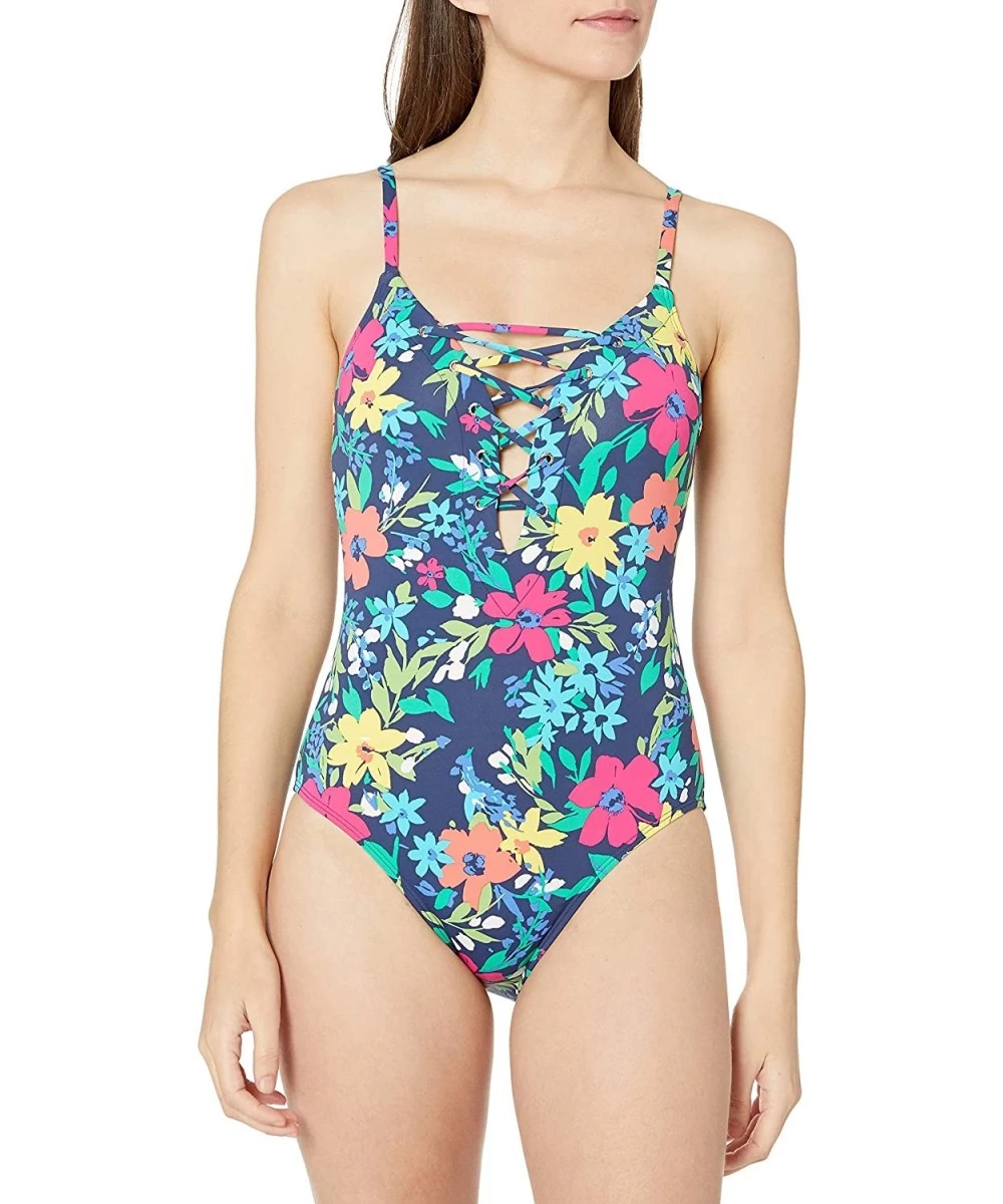 One-Pieces Women's Lace Up Front One Piece Swimsuit with Grommet Detail - Deep Sea Floral - C318A9UU7CY