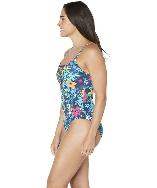 One-Pieces Women's Lace Up Front One Piece Swimsuit with Grommet Detail - Deep Sea Floral - C318A9UU7CY