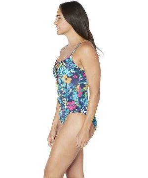 One-Pieces Women's Lace Up Front One Piece Swimsuit with Grommet Detail - Deep Sea Floral - C318A9UU7CY