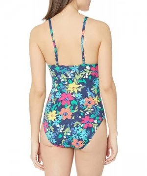 One-Pieces Women's Lace Up Front One Piece Swimsuit with Grommet Detail - Deep Sea Floral - C318A9UU7CY