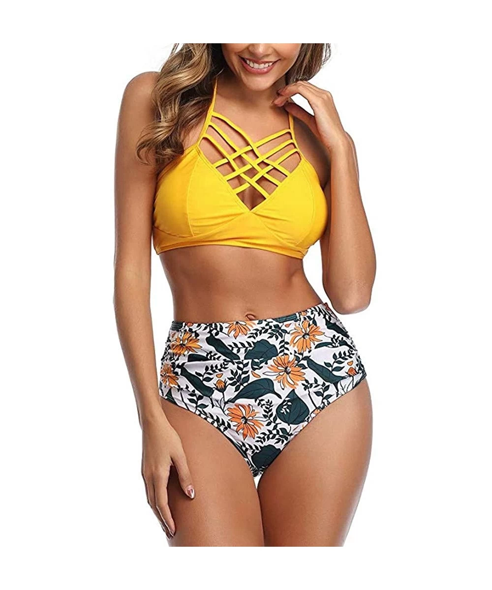 Sets Women's Sexy Bikini Strap High Waisted Two Piece Swimsuit Floral Print Criss Cross Bathing Suit - Yellow - CM196IMZS4T