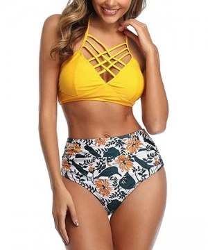 Sets Women's Sexy Bikini Strap High Waisted Two Piece Swimsuit Floral Print Criss Cross Bathing Suit - Yellow - CM196IMZS4T