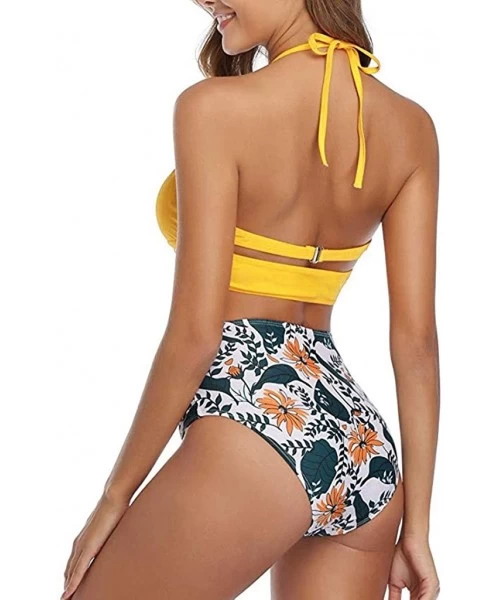 Sets Women's Sexy Bikini Strap High Waisted Two Piece Swimsuit Floral Print Criss Cross Bathing Suit - Yellow - CM196IMZS4T