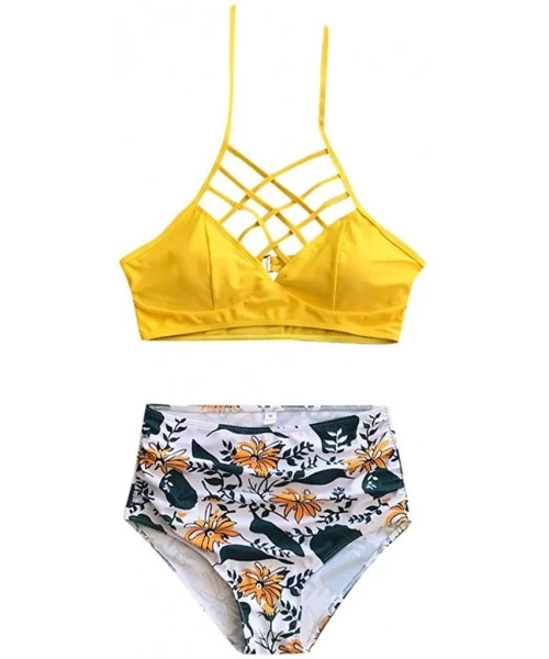 Sets Women's Sexy Bikini Strap High Waisted Two Piece Swimsuit Floral Print Criss Cross Bathing Suit - Yellow - CM196IMZS4T