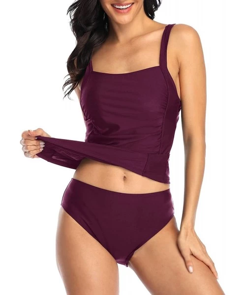 One-Pieces Womens Slimming Tankini Top Swimsuit with Triangle Briefs Two Piece Ruched Bathing Suit - Purple - CD1934CXTY7