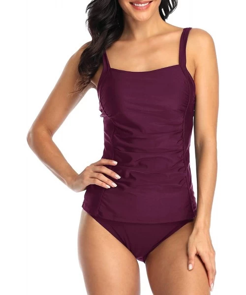 One-Pieces Womens Slimming Tankini Top Swimsuit with Triangle Briefs Two Piece Ruched Bathing Suit - Purple - CD1934CXTY7