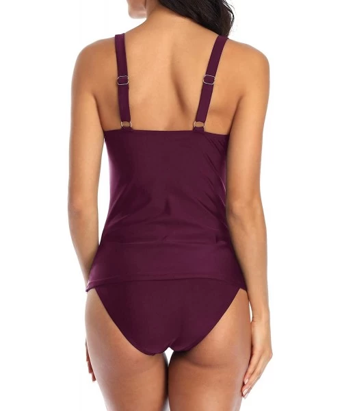 One-Pieces Womens Slimming Tankini Top Swimsuit with Triangle Briefs Two Piece Ruched Bathing Suit - Purple - CD1934CXTY7