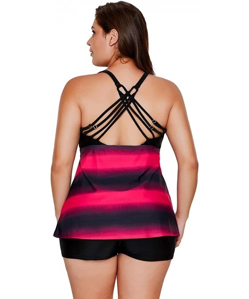 Tankinis Women's Striped Tankini 2 Piece Set Adjustable Strap Swimsuit w/Boyshorts - Hot Pink - C0180SMLC2T