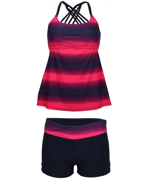 Tankinis Women's Striped Tankini 2 Piece Set Adjustable Strap Swimsuit w/Boyshorts - Hot Pink - C0180SMLC2T