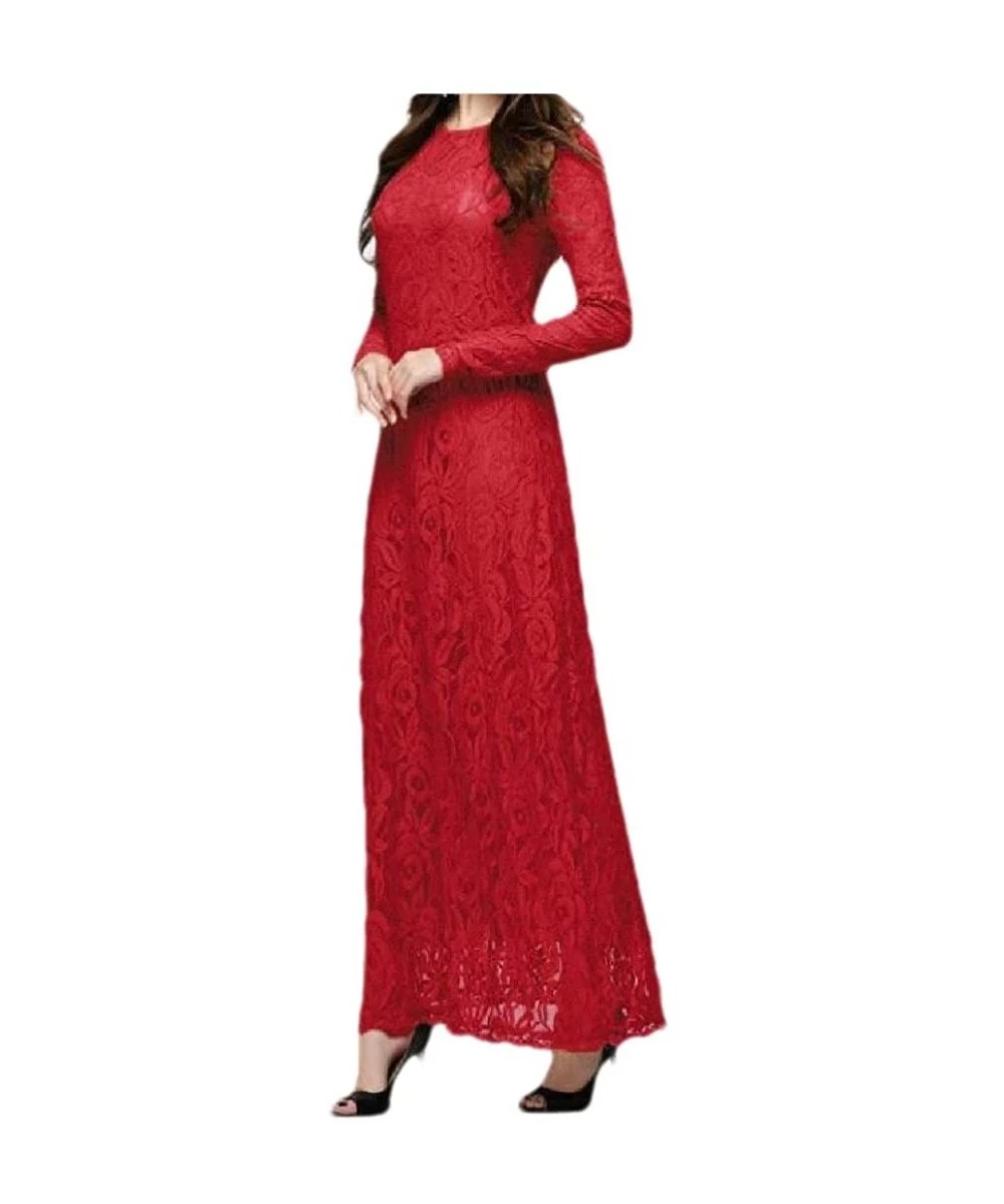 Cover-Ups Women's Solid-Colored Trendy Lace Fitness Muslim Islamic Kaftan Dresses - Red - CN190853ZG2