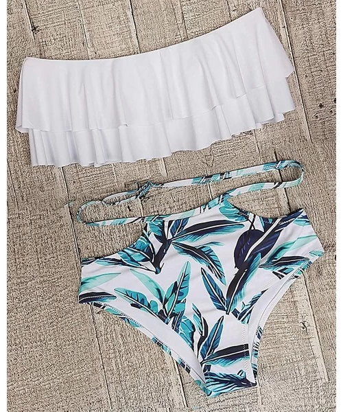 Racing Women Two Piece Off Shoulder Ruched Double Ruffled Flounce Crop Top andPrint Cut Out Bottoms Bikini Set - A-white - C1...