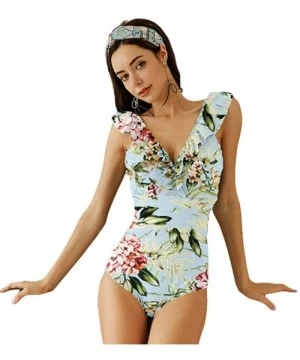 One-Pieces 2019 Sexy Retro V Neck Swimsuit One Piece Ruffled Padded High Waist Swimwear Women Monokini - Floral Print - CA18R...