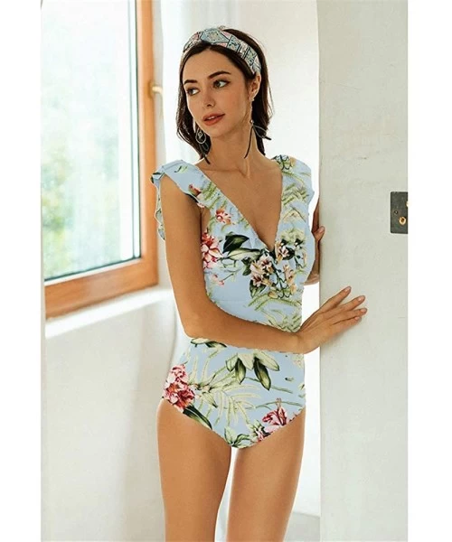 One-Pieces 2019 Sexy Retro V Neck Swimsuit One Piece Ruffled Padded High Waist Swimwear Women Monokini - Floral Print - CA18R...