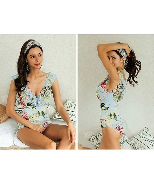 One-Pieces 2019 Sexy Retro V Neck Swimsuit One Piece Ruffled Padded High Waist Swimwear Women Monokini - Floral Print - CA18R...